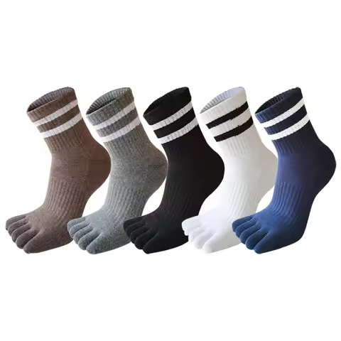 5 Pairs/lot Man Toe Sport Socks Compression Thick Cotton Black White Stripes Elastic 5 Finger Short 