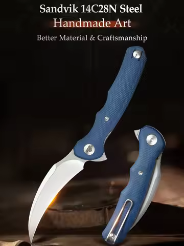 TRIVISA EDC Pikal Knife for Men , Hawkbill Pocket Folding Flipper Knife with Clip，3.34" 14C28N Steel