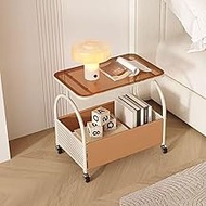 D&H FURNIMMT 2-Tier Rolling Side Table with Glass Top Storage Basket Mobile End Table/Coffee Table w