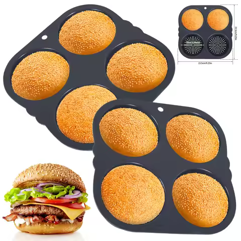 2Pcs Silicone Hamburger Mold 4 Cavities Non-stick Burger Maker Bread Mould Hamburger Bun Molds Cake