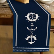 1 Pc Anchor Patterned Table Runner, Nautical Style, Linen-Like Fabric, Includes 1 Table Runner, 4 Pl