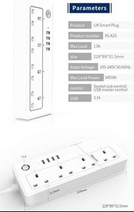 智慧擴充 4 插座 + 4 USB 集線器 WiFi Tuya應用程式和語音控制 智慧電源拖板支援 bynckp Google Home 和 Amazon Alexa  Smart Extension