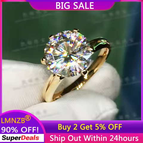 LMNZB Fine Yellow Gold Color Ring Luxury Round Solitaire 8mm 2.0ct Cubic Zircon Rings Wedding Band J