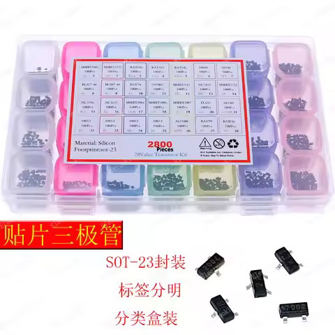 2800pcs 28Value SMD Chip Transistor Assortment Kit 2N2222 S8050 BC817 BAT54 AO3400 S9018 TL431 5401 