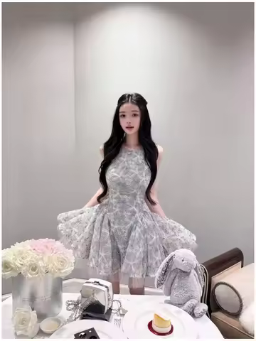 Miu Princess Style Summer Ball Gown Dress Women's High Waist Lace Detail No Sleeve Elegant Sweet Lad