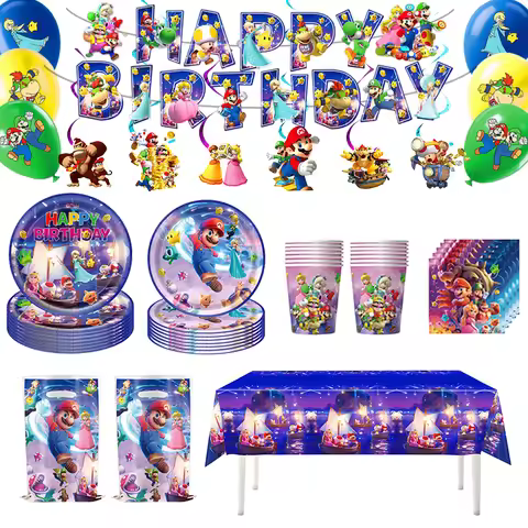 Anime Super Mario Bros Birthday Party Decorations, Mario Disposable Tableware Tablecloth Tissue Bann