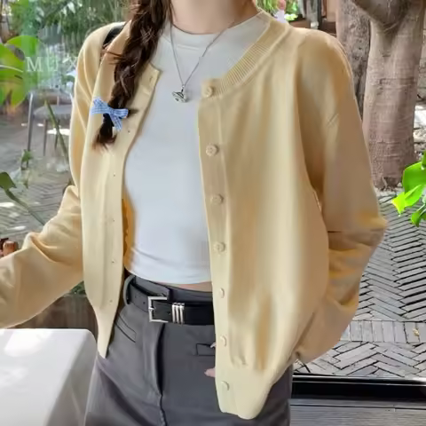 Button-up Sweater Cardigan Women Soft Knitted Sweater Jacket Long Sleeve Round Neck Plain Cardi Casu