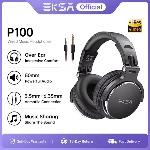 EKSA P100 Wired Studio Monitor Headphones Hi-Res Over-Ear DJ Headphones 50mm Drivers 3.5mm/6.35mm fo
