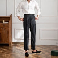 Mr. Lusan Homemade Summer 100% Linen Straight Pants Naples High Waist Suit Pants Lightweight Casual 