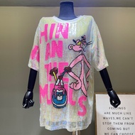 Yan New Fashion Short Sleeve Cartoon Stage Costume Womens Midi Loose T-Shirt Dress Sequin Bright Net
