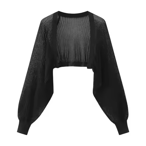 Open Front Pointelle Knitted Cardigan Women Bolero Crop Top Spring Summer Lightweight Blouse Cover U