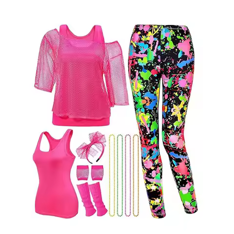 80's Women Retro Costume Set Women's 80s Leggings Fishnet Neon Shirt with Leg Warmers Necklace Brace