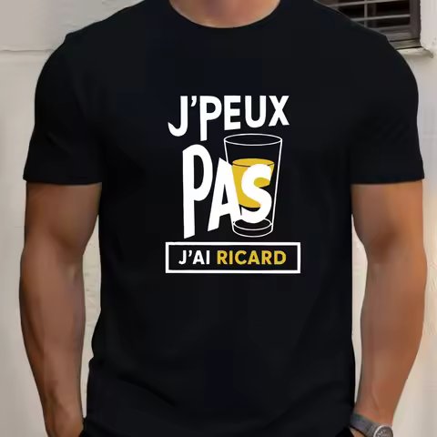 Men "J'Peux Pas J'ai Ricard" Graphic Tee - Casual Crew Neck Short Sleeve Summer Style Cotton Blend R