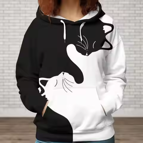 Cute Cat Hoodie, Black White Cat Hoodie, Funny Cat Adult Hoodie, Cat 3D Hoodie, Cat Shirt, Black Cat