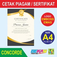Cetak Piagam A4 Fancy Paper Concorde + Logo Poly Emas & Emboss