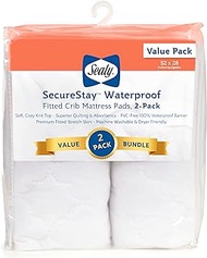 Sealy SecureStay 2-Pack Waterproof Fitted Toddler Bed and Baby Crib Mattress Pad Protector, Noiseless, Machine Washable and Dryer Friendly, 52" x 28"- White