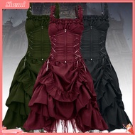[Shemi]Women Cosplay Dress Gothic Style Witch Layered Ruffle Hem Mesh Halloween Party Costume Lace-u