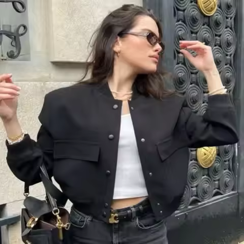 HXAO Women's Bomber Jacket Crop Black Off White Outerwears Spring 2025 New In Coats Aviator Varsity 