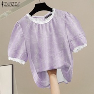 Nữ hoài cổ ZANZEA cổ tròn áo cánh tay áo bong bóng ngắn may ren áo mỏng Bohemian #0811
