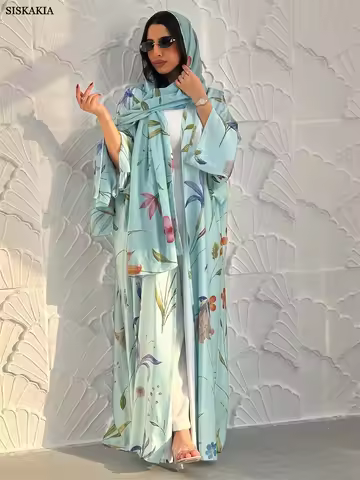 Siskakia New Dubai Leopard Print Open Abaya Muslim Woman Costume Hijab included Casual Loose Kaftan