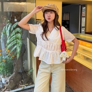Áo babydoll thô boil cổ V hoạ tiết nơ nhỏ  viền eo Hàn Quốc HAVANA AO384
