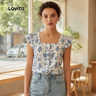 (trendy3)Lovito Casual Ditsy Floral Ruffle Button Spring/Summer Blue Tank Top for Women L134ED431