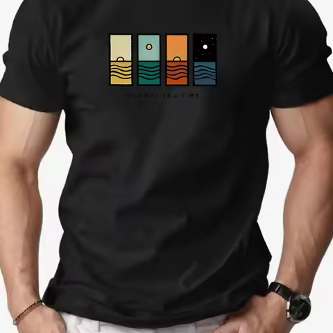 Men "One Day At A Time" Graphic Casual T-Shirt Summer Short Sleeve Round Neck Tee with Colorful Stri