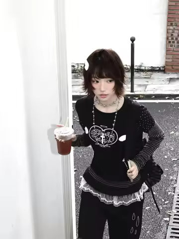 HOUZHOU Y2k Black Vintage Graphic Women T-Shirts Harajuku Sweet Striped Long Sleeve Polka Dot Japane