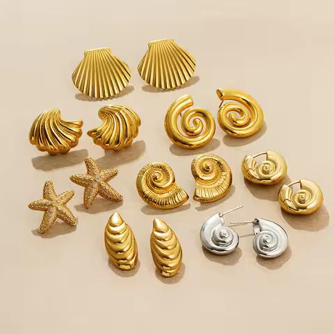 Vintage Stainless Steel Gold Plated Texture Snail Conch Shell Earrings for Women CZ Zircon Starfish 