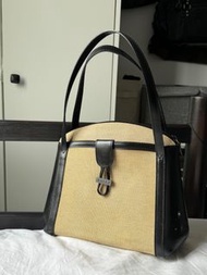瑞士BALLY vintage 黑色皮革亞麻帆布撞色拼接手提包 古著包 古董包