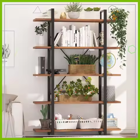 Minimalist 5-Tier Bookshelf, 6 Feet Tall Rustic Industrial Bookcase for Home Office Storage, Wood an