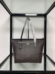 🎀Brand New Free Shipping💙Coach F購物袋 F58292 經典C字logo tote手提包 塗層帆布配皮革｜Color 深啡配黑｜Size 39x27x14💙配件全齊適合送