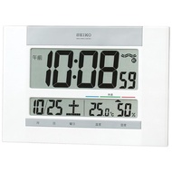 Seiko clock wall and desk use, radio-controlled digital calendar display, slim white pearl SQ429W with temperature and humidity comfort level.