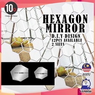 10Q12pcs Adhesive Mirror Modern Geometric Hexagon Mirror Decoration Cermin Sticker Hiasan Rumah House