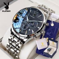[Gift Box]PLAYBOY Jam Tangan Lelaki Original Waterproof Quartz Stainless Steel Luminous Chronograph 