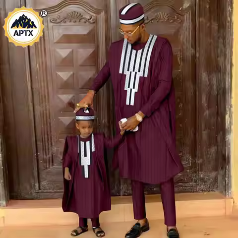 African Matching Outfit for Family Bazin Riche Muslim Sets Dashiki Father and Son Attire Agbada Robe
