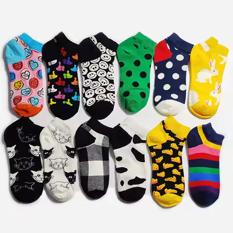 12 Pairs/Pack Women Short Socks Ankle Fruit Graffiti Plaid Stripe Fashion Summer Avocado Banana Soft