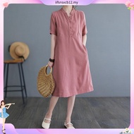 LAHSTORE straight linen dress with train collar, loose sves, youthful emed hem DS33 (Pink)