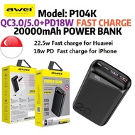 (SG)Awei Powerbank 20000mAh P104K 22.5W/PD3.0 Fast Charging Intelligent Multiple Output Power bank