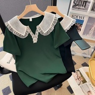 【Tshirt Oversize】(40-150kg)Plus Size Women Korean Style Short Sleeve T Shirt Fashion Plain Lace Tops