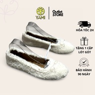 White Fur Doll Shoes, White Fur Women's Flat Shoes, Branded Excess Flat Soles with Bows, YAMI Genuin