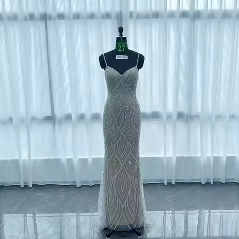 YQLNNE 027 Silver Nude Crystals Long Prom Dresses Straps Pearls Beaded Mermaid Evening Party Gown