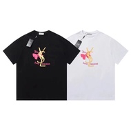 HOT_YSL Trendy Brand High Version Saint Laurent Print Men's And Women's Summer Couple's Pure Cotton T-shirt Short-sleeved Round Neck Sports Trend