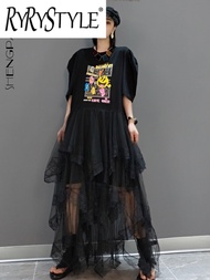 เดรสเสื้อยืดแบบบางสีดำผ้าตาข่ายแฟชั่นสำหรับผู้หญิงชุดเดรสสีดำผู้หญิงตามกระแสไม่สม่ำเสมอชุดใหม่ฤดูใบไ