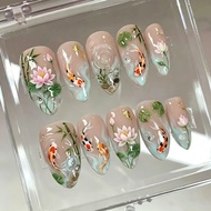 24 Pieces Koi Lotus Manicure Patch Chinese Feng Shui Ripple Unique Medium Long Almond Nails Wear Nai