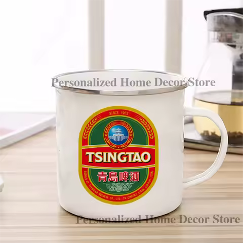 Tsingtao Coffee Mugs Enamel Cup Reusable Eco Friendly Metal Traver Tea Milk Beer Mug