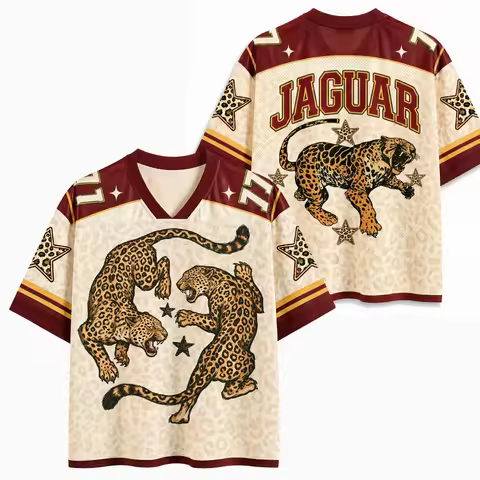 Retro Wild Jaguar Animal Graphic Jersey Leopard Splicing V Neck Strip Cuff Breathable Loose Western 