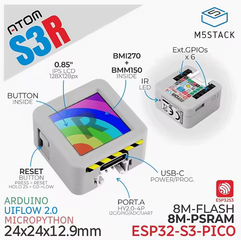 M5Stack ATOMS3R ESP32-S3-PICO-1-N8R8 Programmable Controller Development Board Kit Wi-Fi IPS Screen