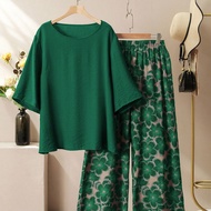 2pcs/Set Casual Solid Color Round Neck 3/4 Sleeve Loose Blouse And Wide Leg Pants With All-Over Prin