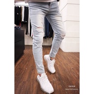 E7th.thick Pound Light Brushed White Destruction Small Straight Elastic Whisker Denim Ripped Pants S